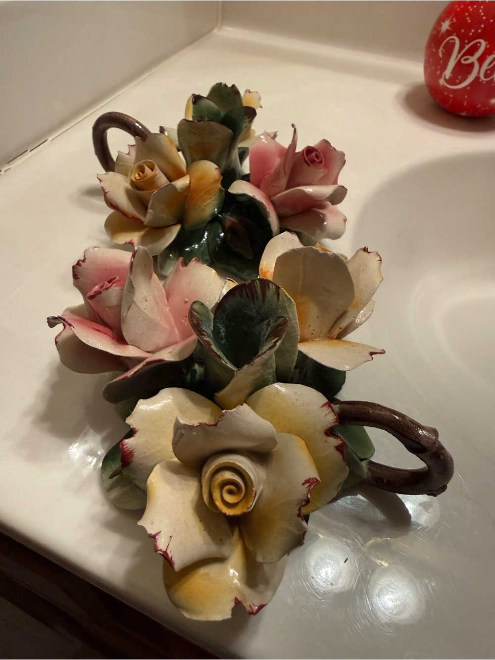 Ceramic Rose Decorative Accent in Pink, Cream & Green capipamonte